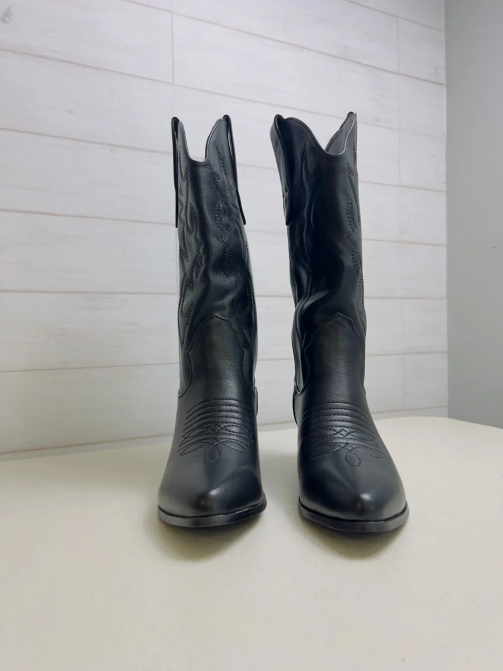 Women’s Black Embroidered Western Middle Boots Faux Leather Pointed Toe 7 - Picture 6 of 7